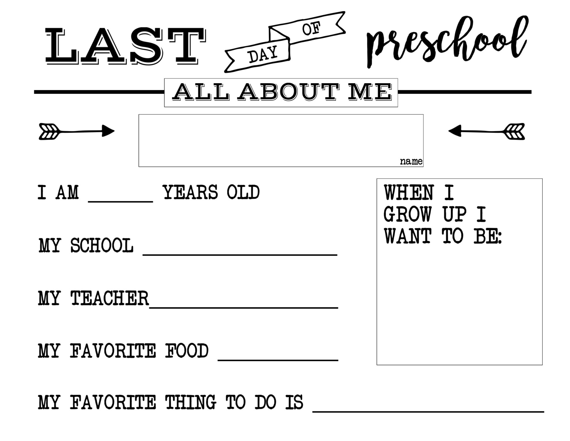 Last Day Of School Free Printable All About Me Sign Paper Trail Design
