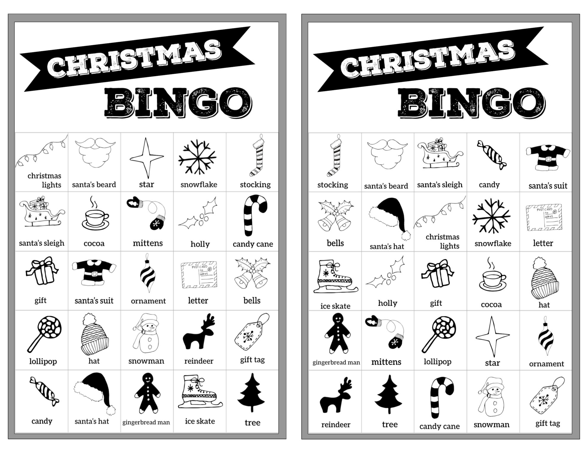 Christmas bingo cards print
