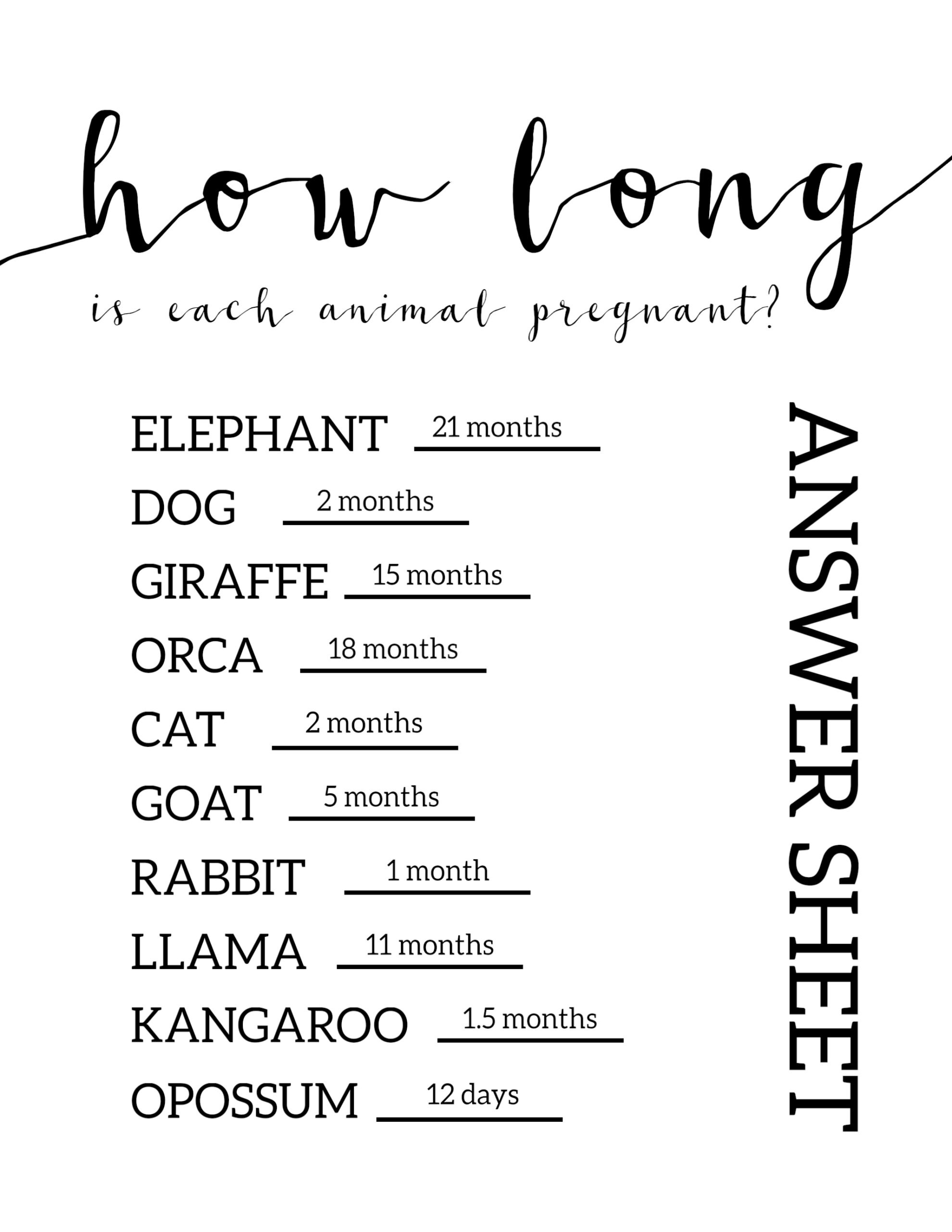 Free Baby Shower Games Printable Animal Pregnancies Paper Trail Design