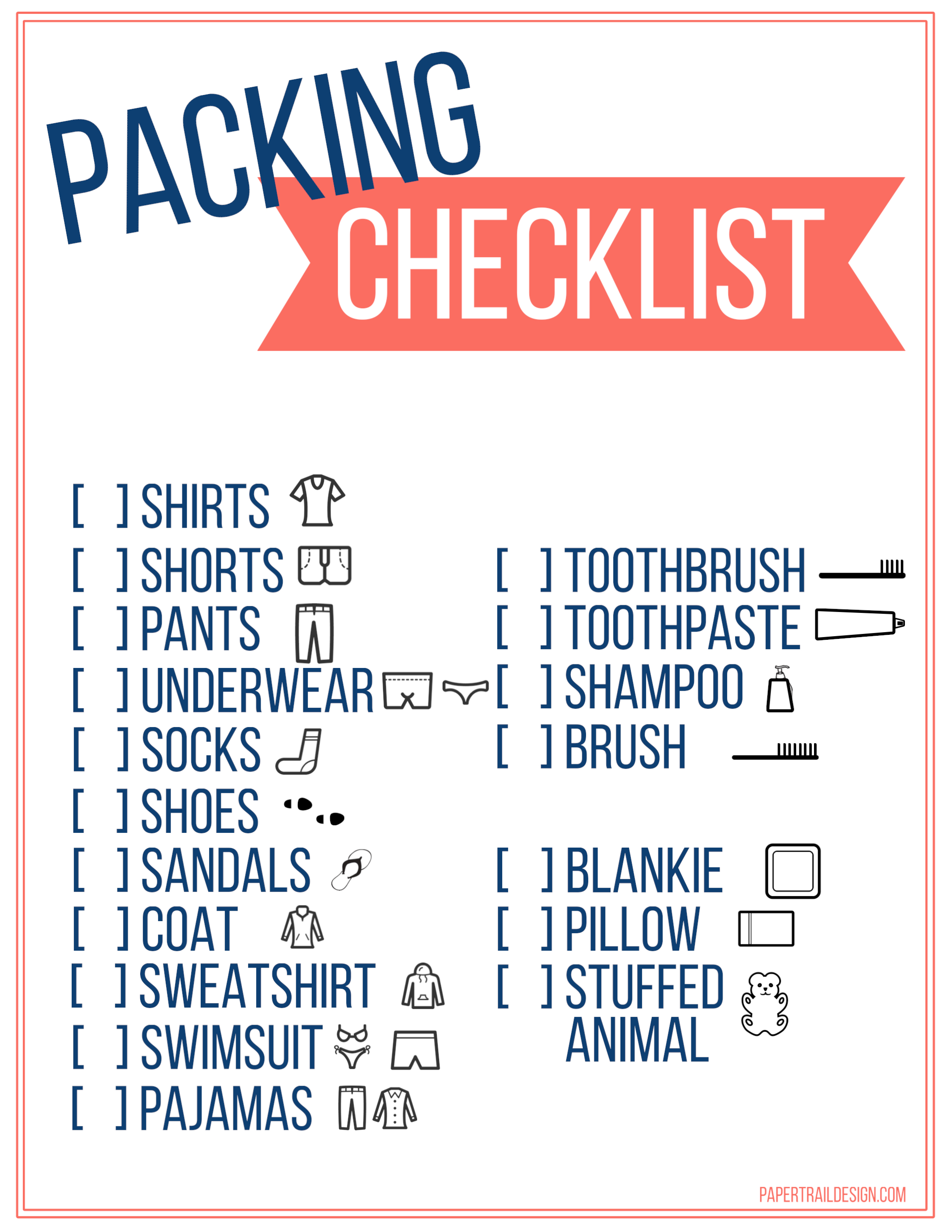 Printable Packing Checklist |Blank Vacation Packing List Printable |  Packing List Template | Packing List Downloads | Organization Pintables
