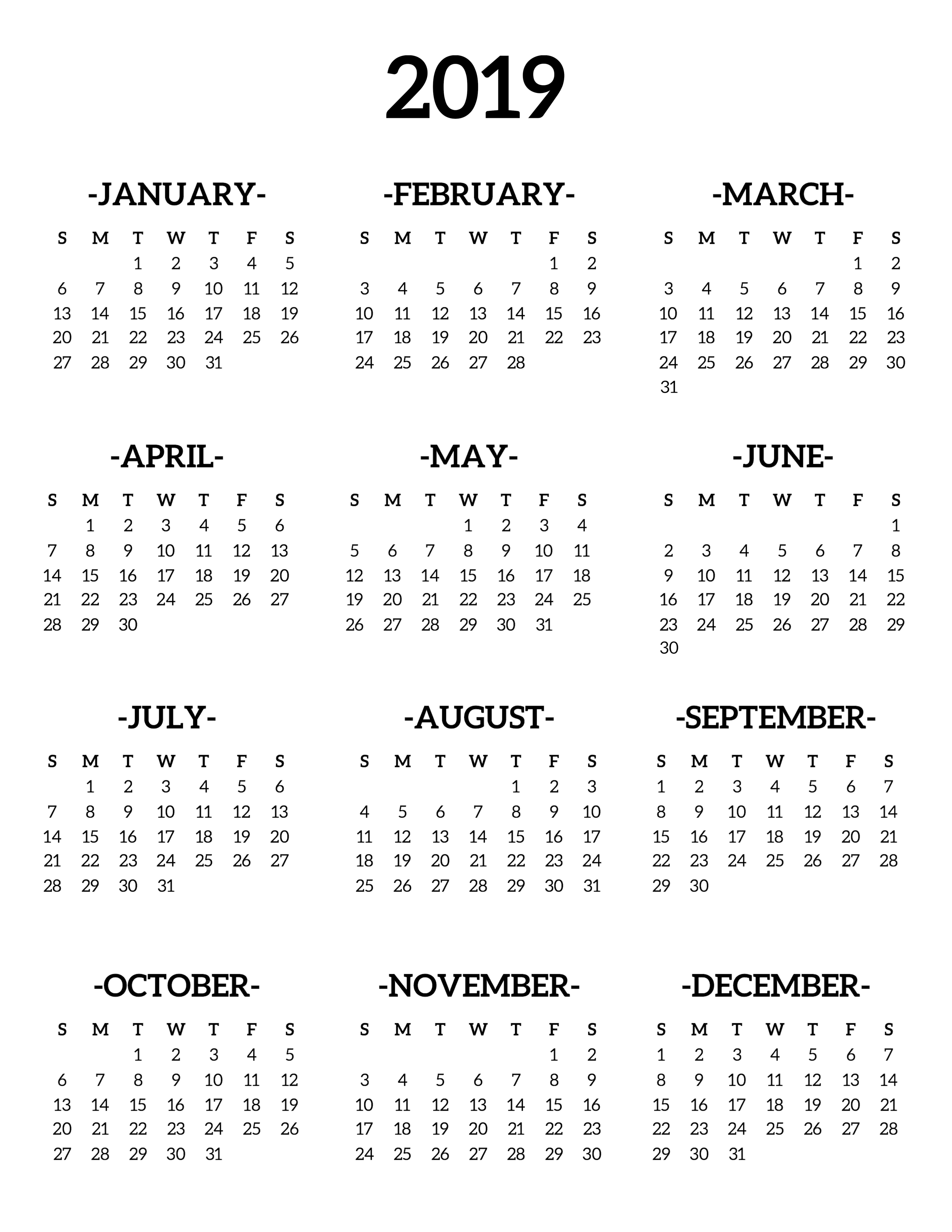 Calendar 19 Printable One Page Paper Trail Design
