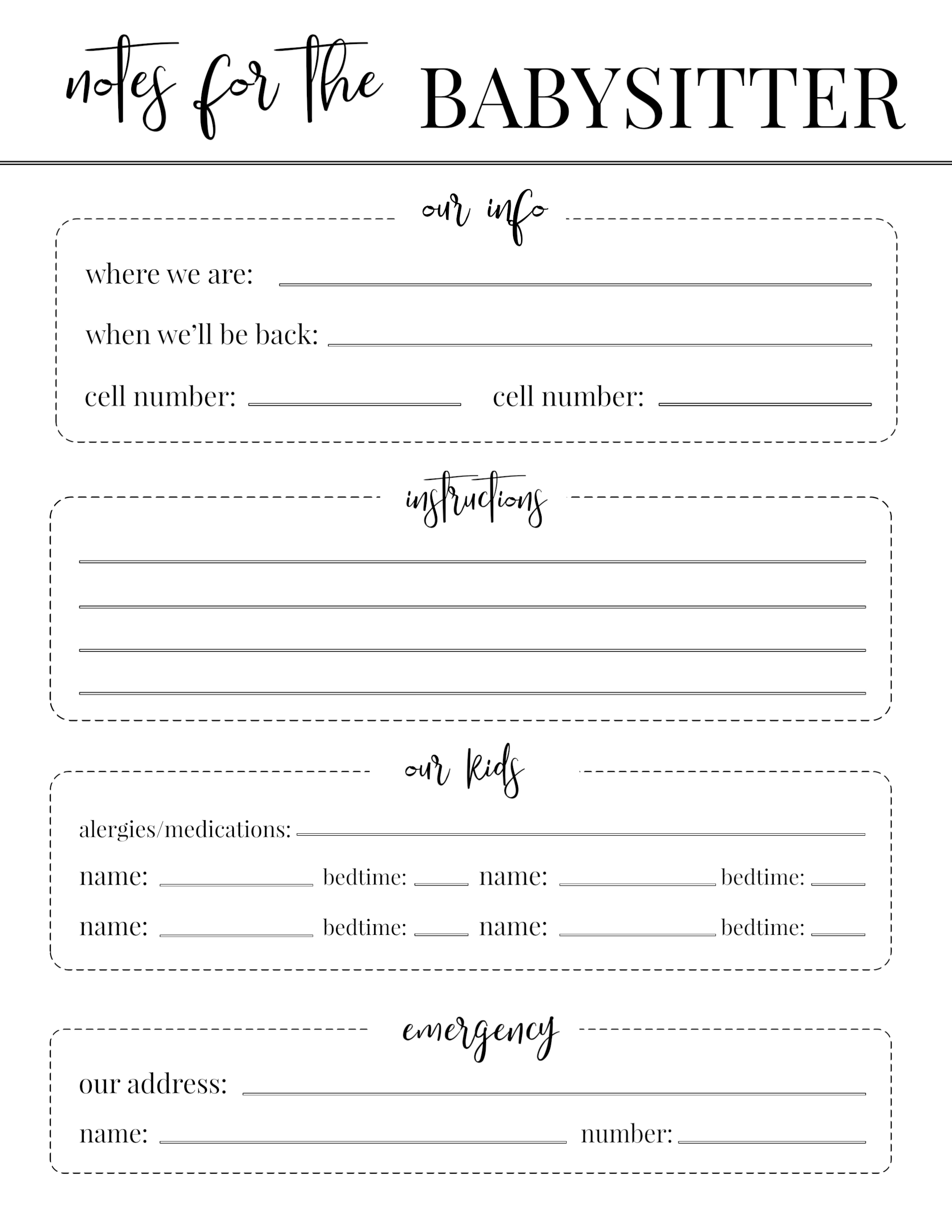 Free Printable Babysitter Notes Template Paper Trail Design