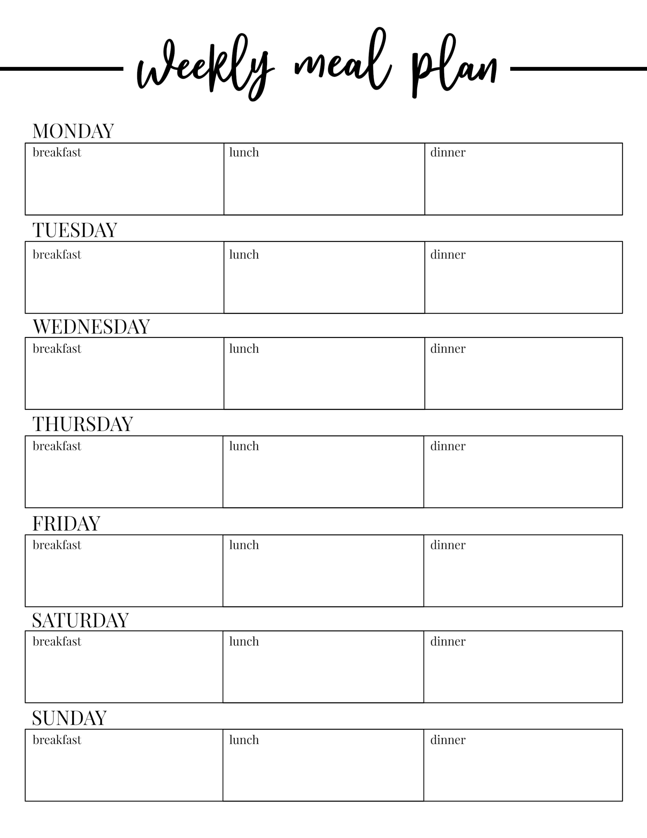 weekly meal planner template printable free