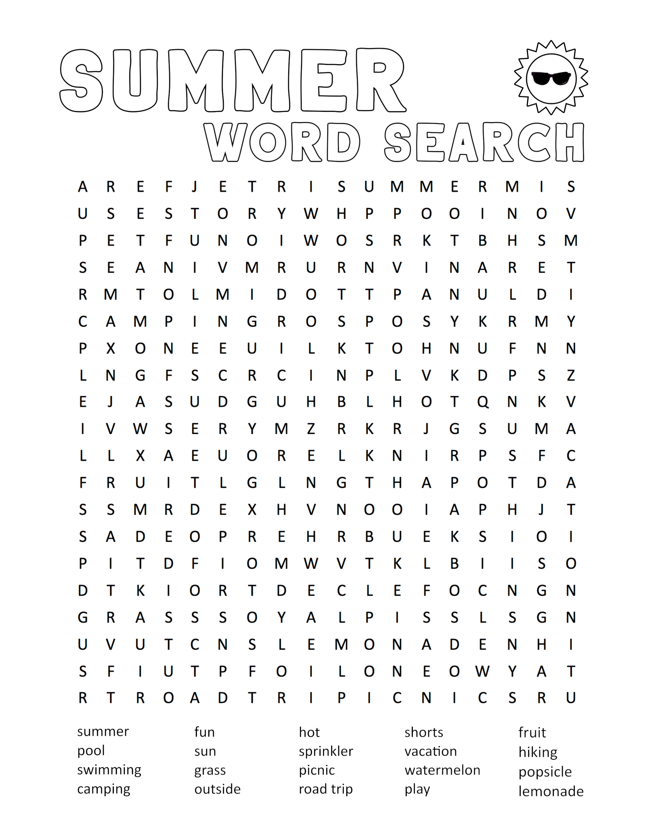 Summer Word Search Printable Free