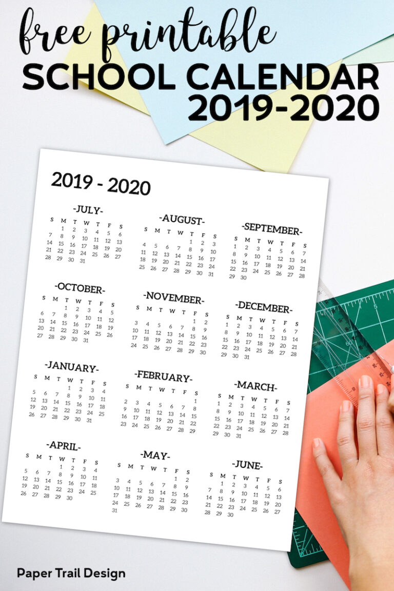 2019-2020 One Page School Calendar Printable - Paper Trail Design