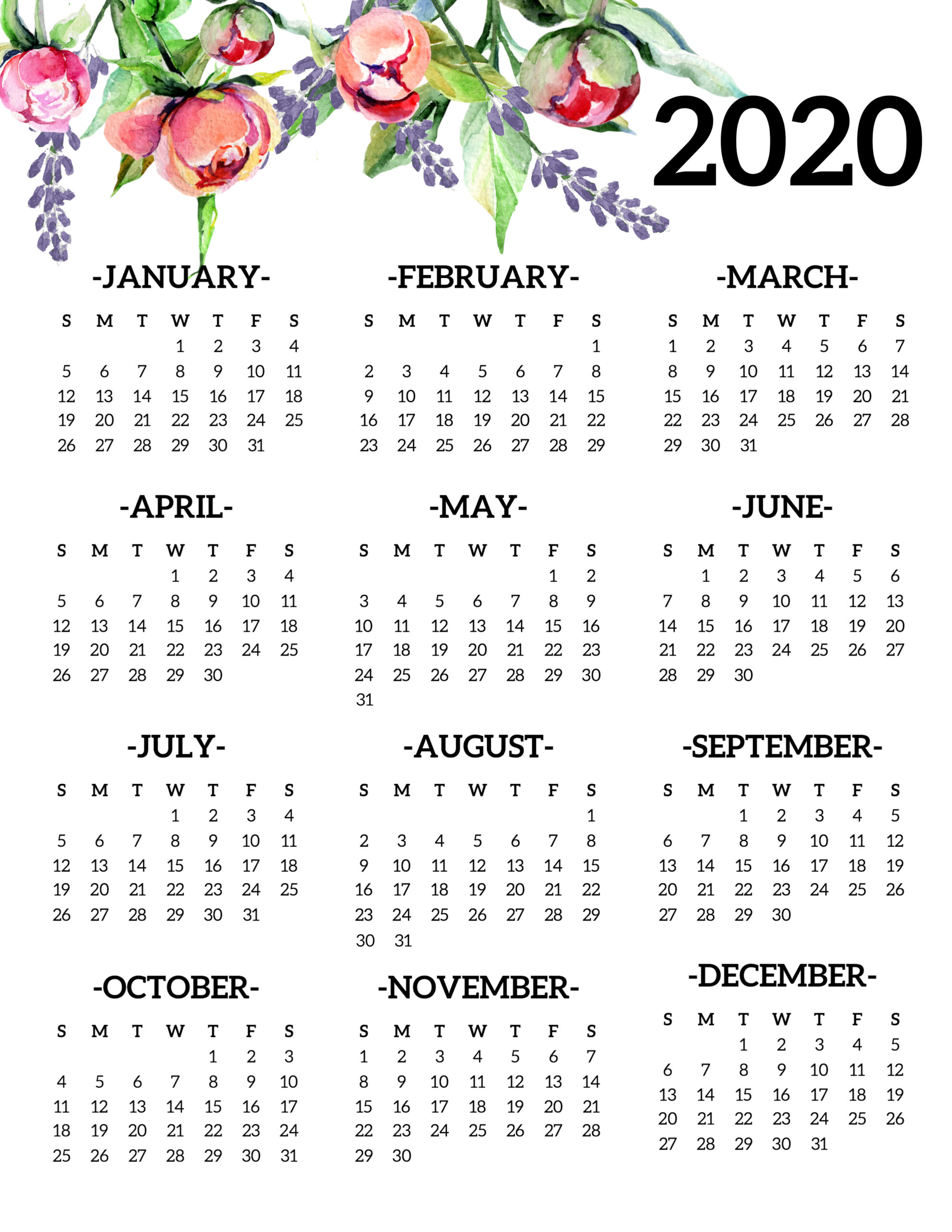 free printable 2020 calendar yearly one page floral
