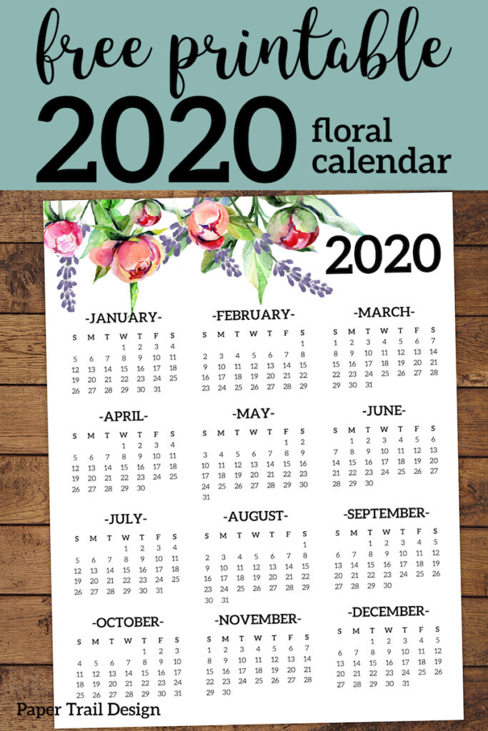 Free Printable 2020 Calendar Yearly One Page Floral - Paper Trail Design