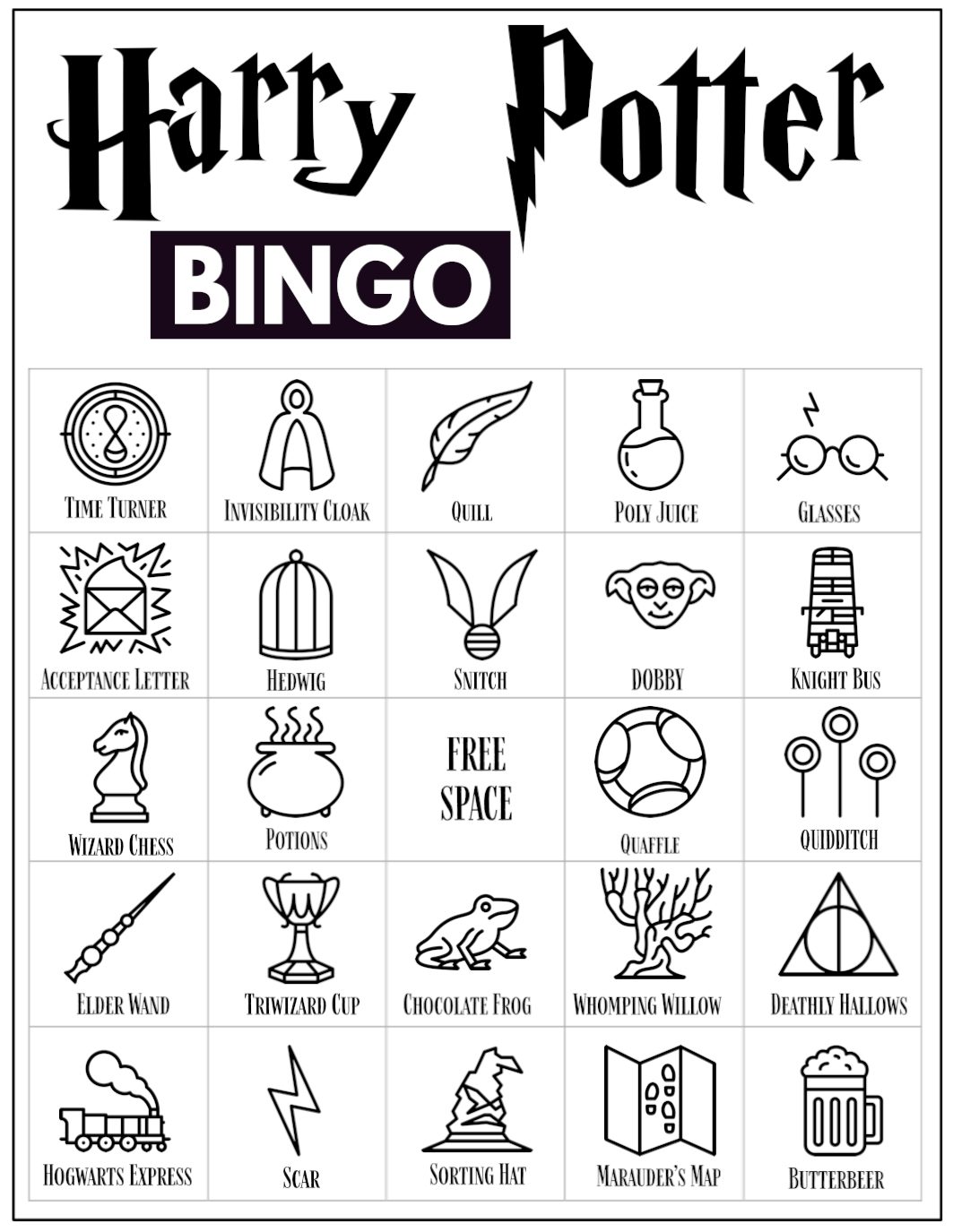 Harry potter house bingo template