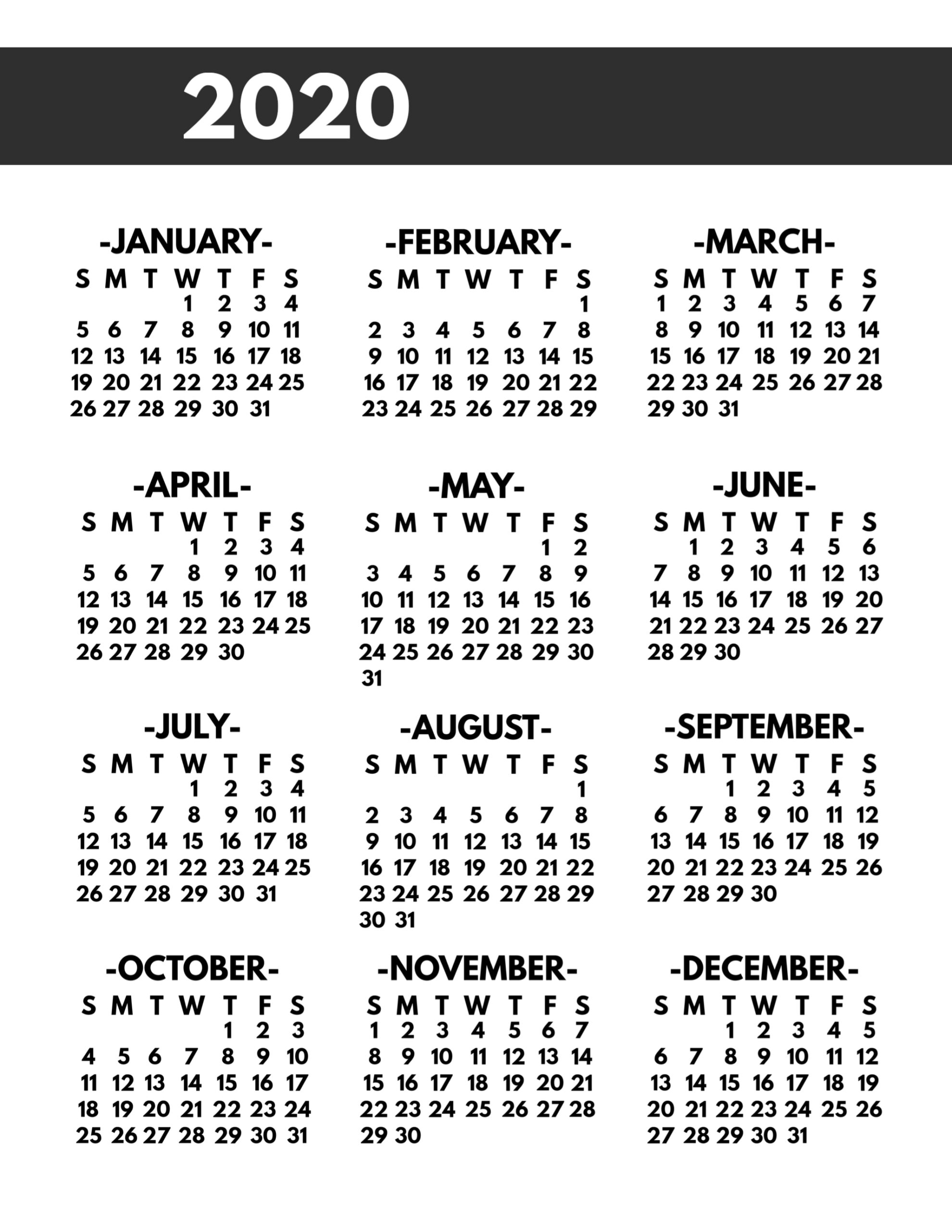 2020 Yearly Calendar Printable - Printable Templates