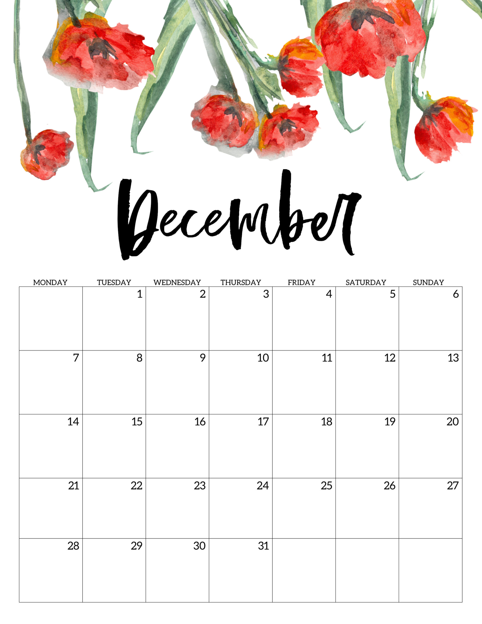 Free Printable 2020 Monday Start Calendar Floral Paper