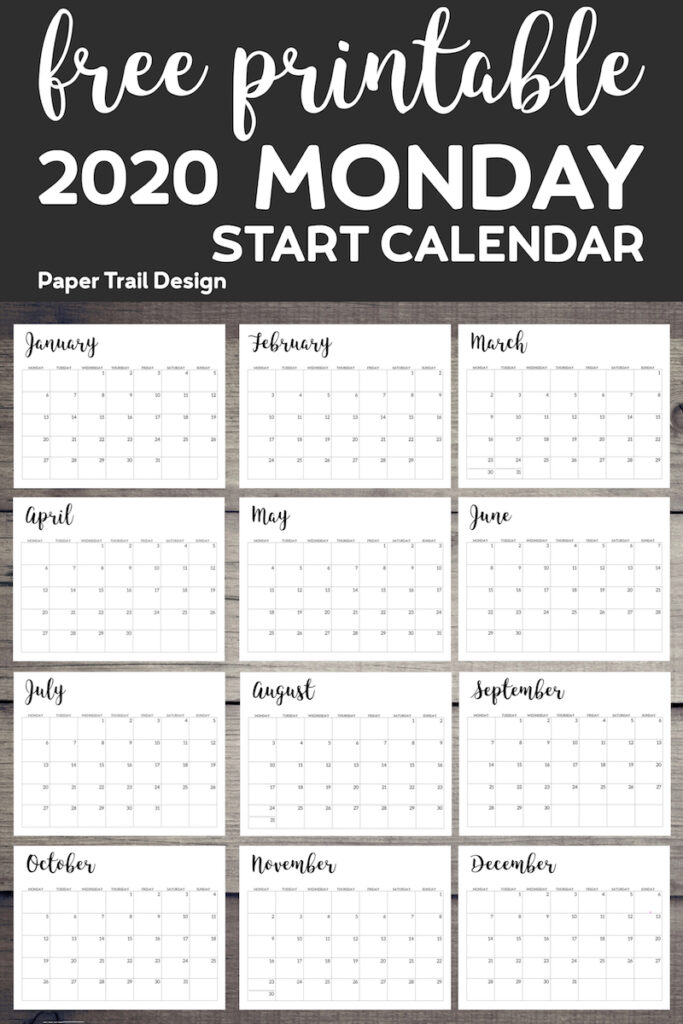 Free Printable 2020 Calendar - Monday Start - Paper Trail Design