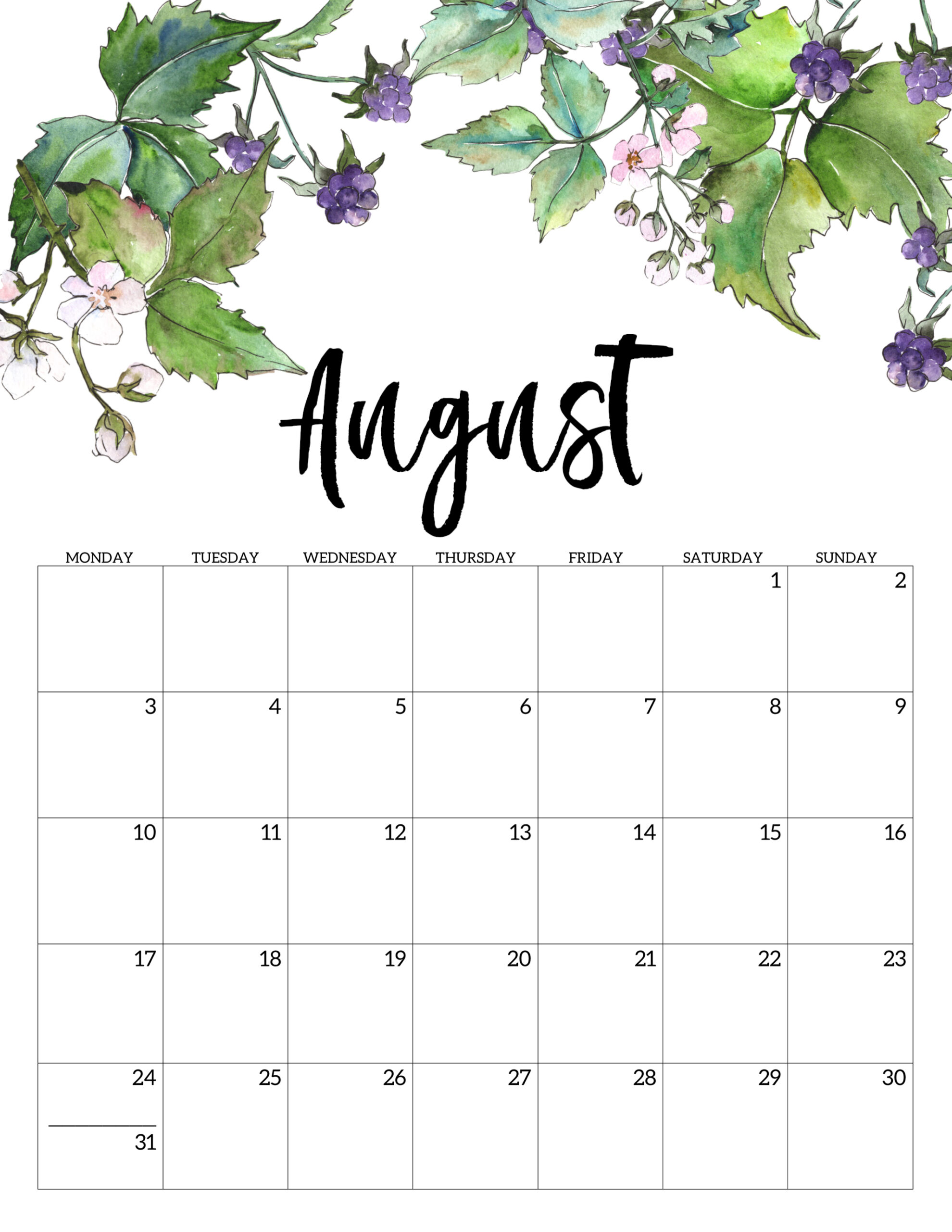 Free Printable 2020 Monday Start Calendar Floral Paper