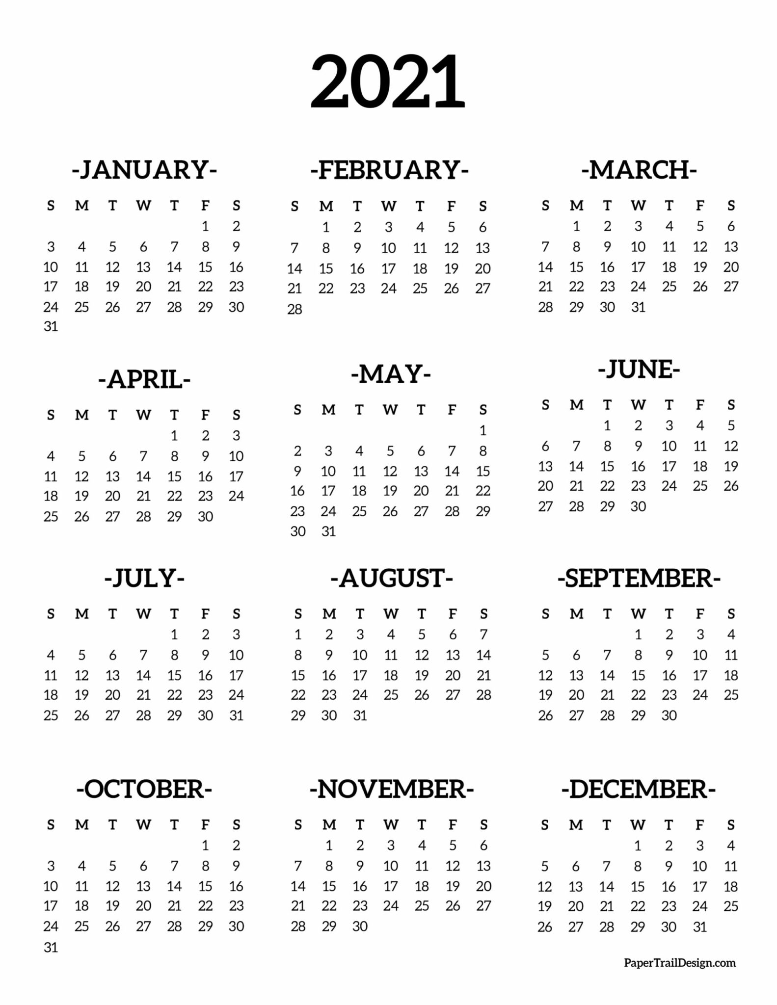 Calendar 2021 Printable One Page - Paper Trail Design