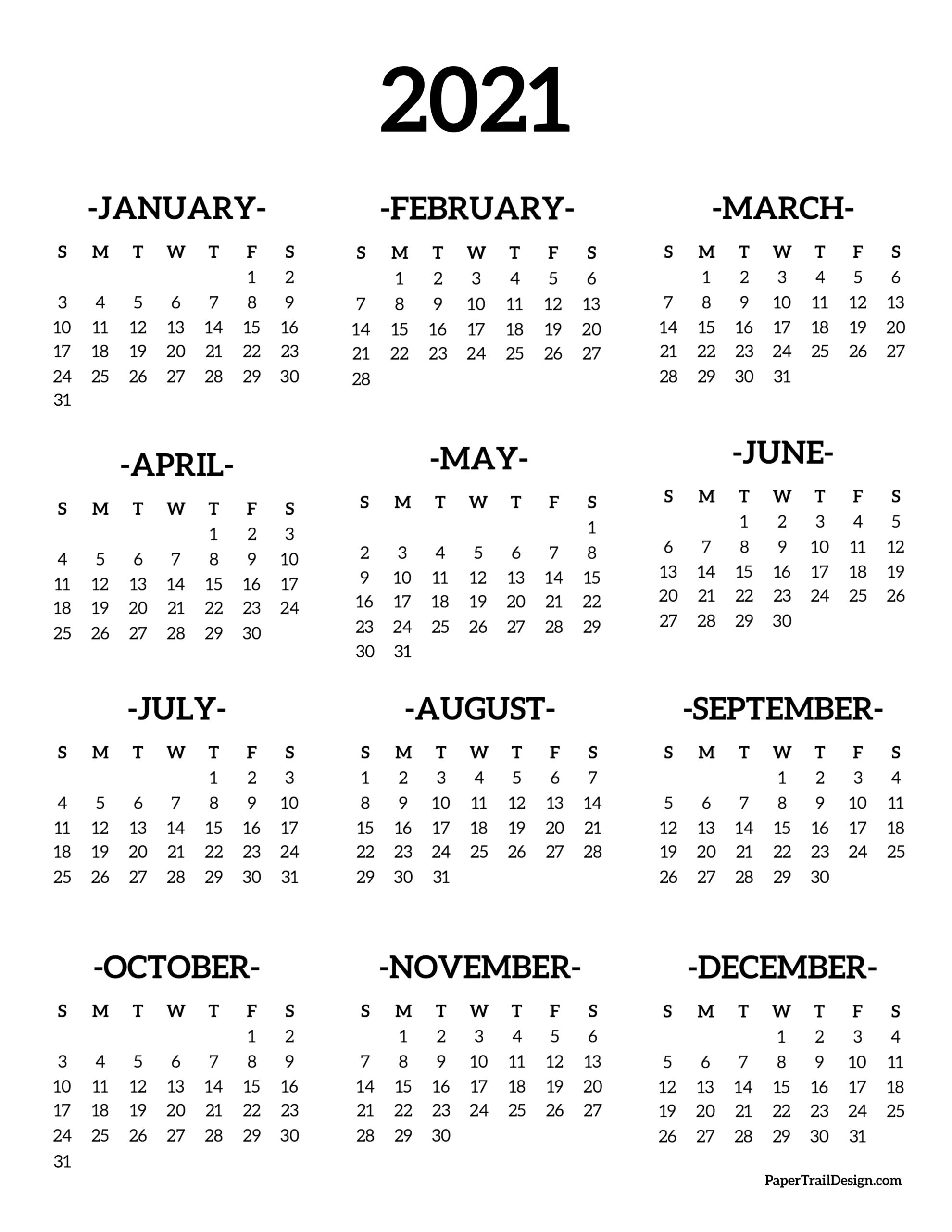 Calendar 2021 Printable One Page - Paper Trail Design