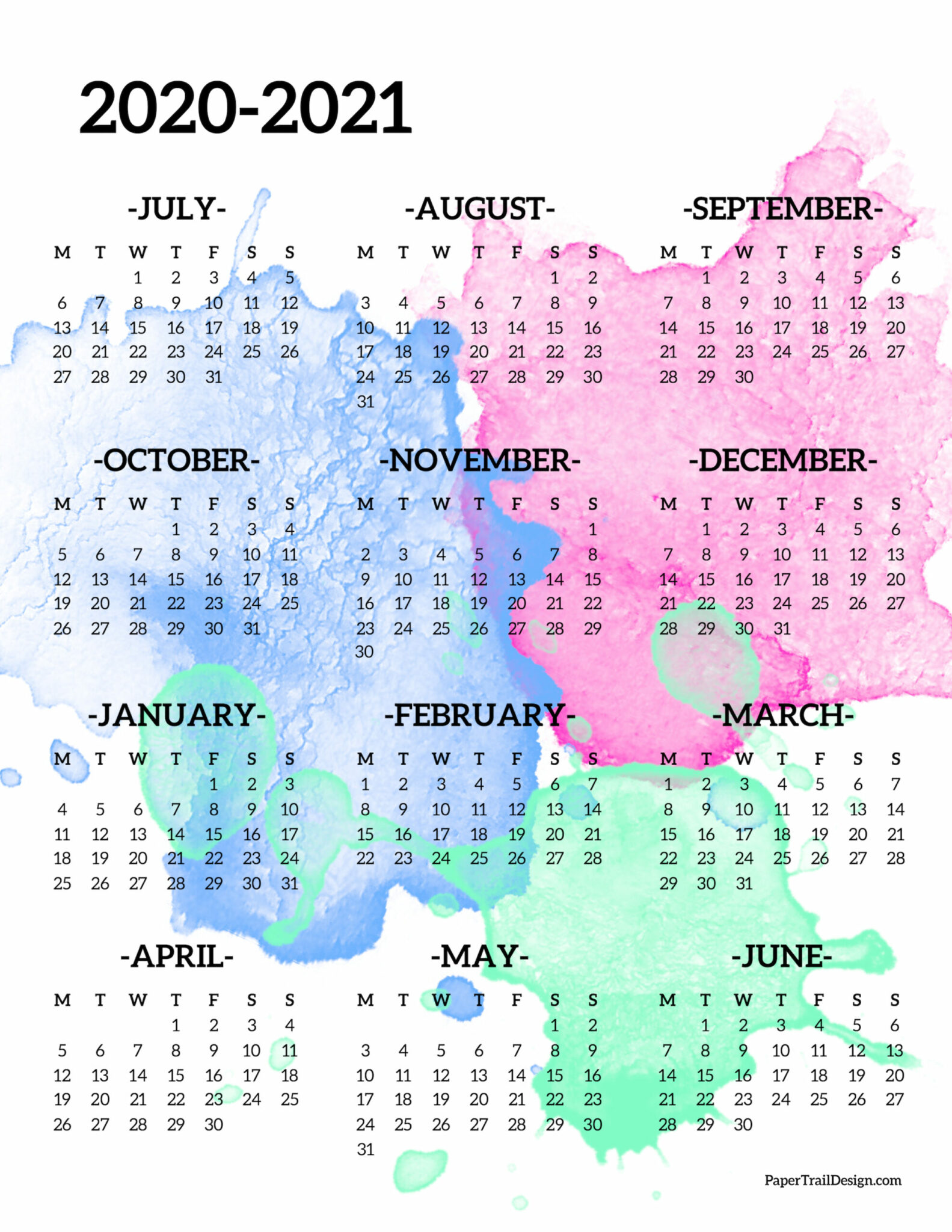 2020-2021 School Year Calendar Free Printable - Paper Trail Design