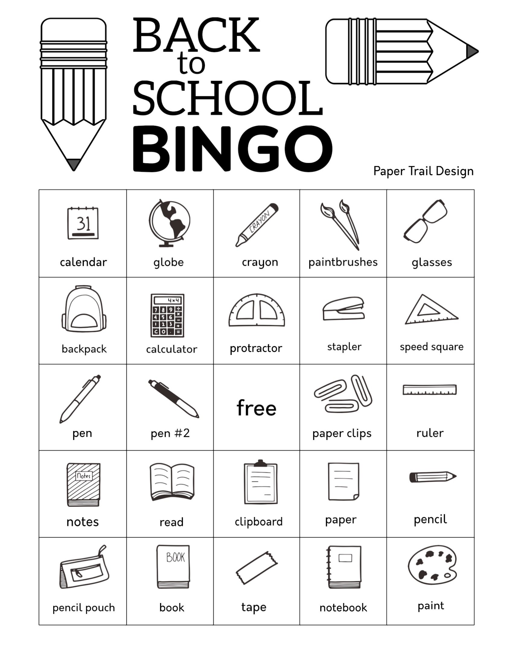 Free Printable Back To School Bingo Paper Trail Design