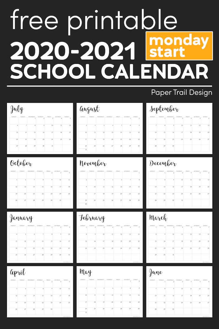 2020-2021 Printable School Calendar - Paper Trail Design