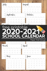 2020-2021 Printable School Calendar - Paper Trail Design