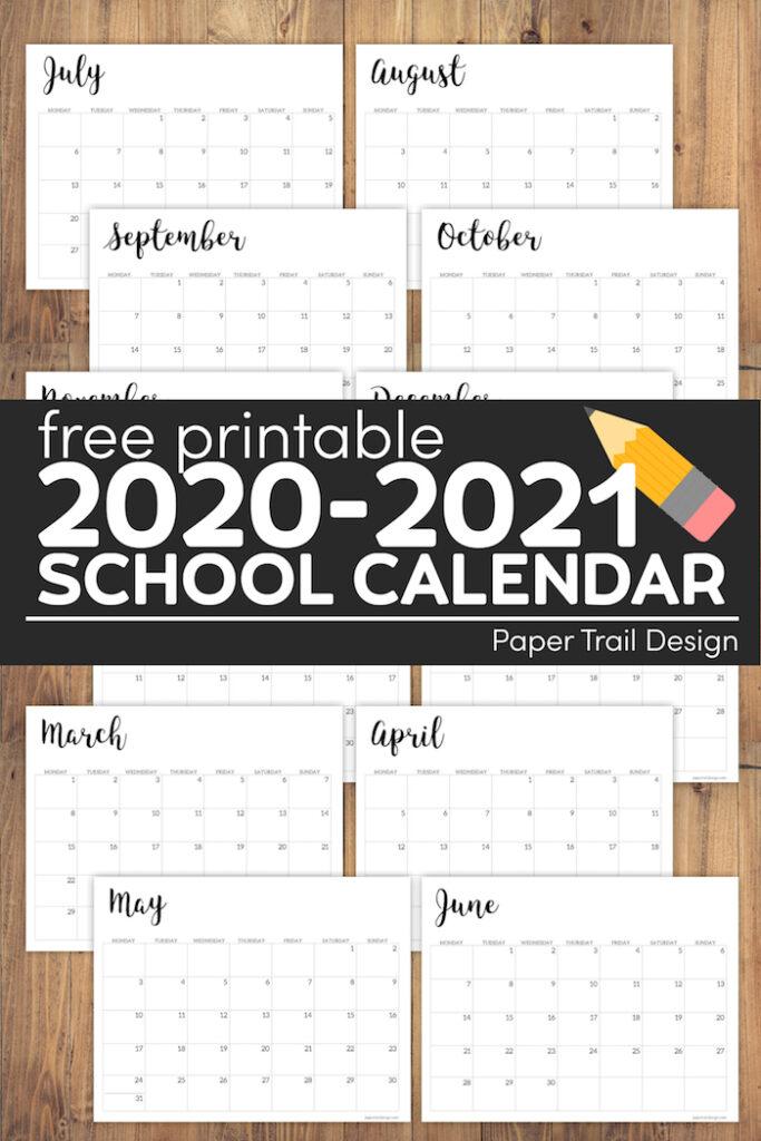 2020-2021 Printable School Calendar - Paper Trail Design