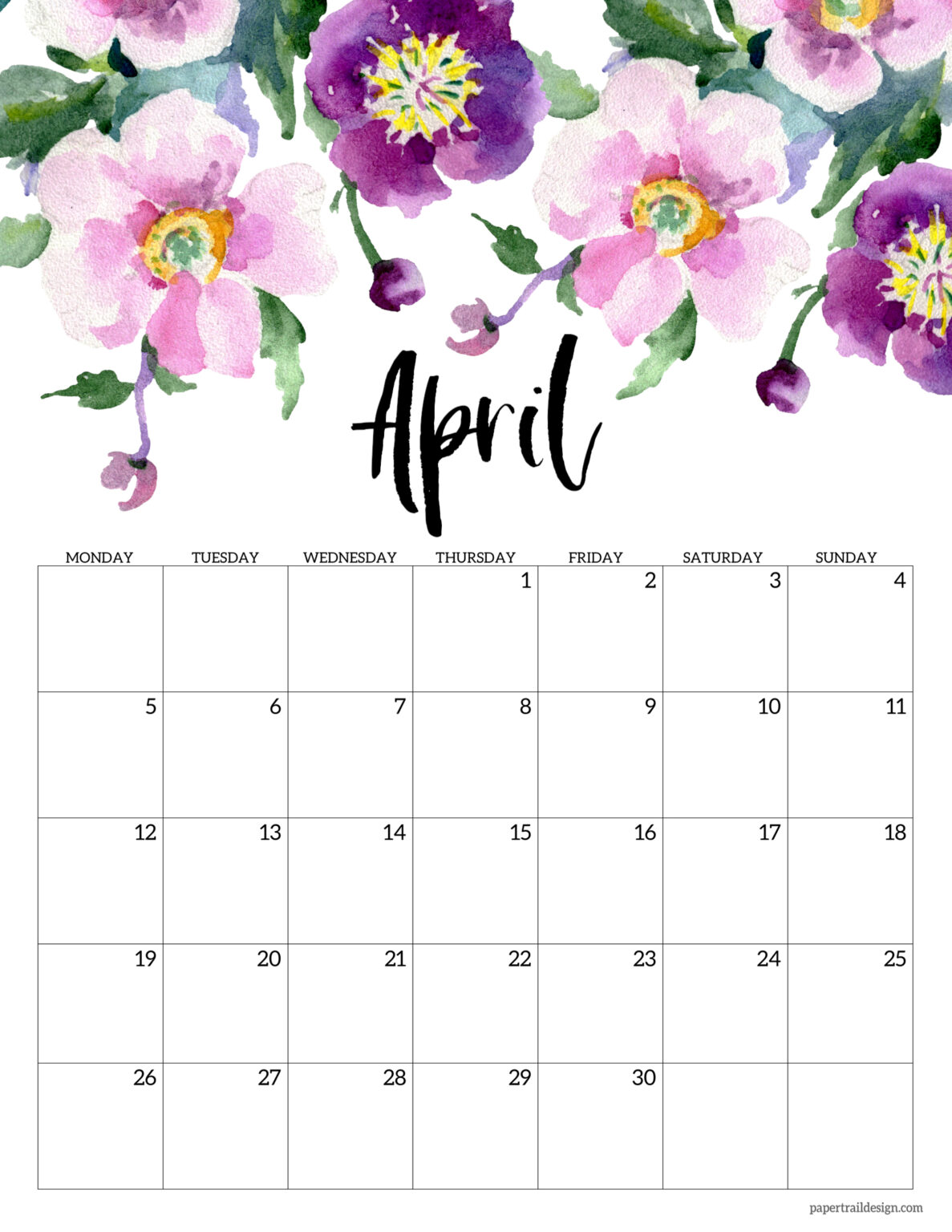 Free Printable 2021 Floral Calendar - Monday Start - Paper Trail Design