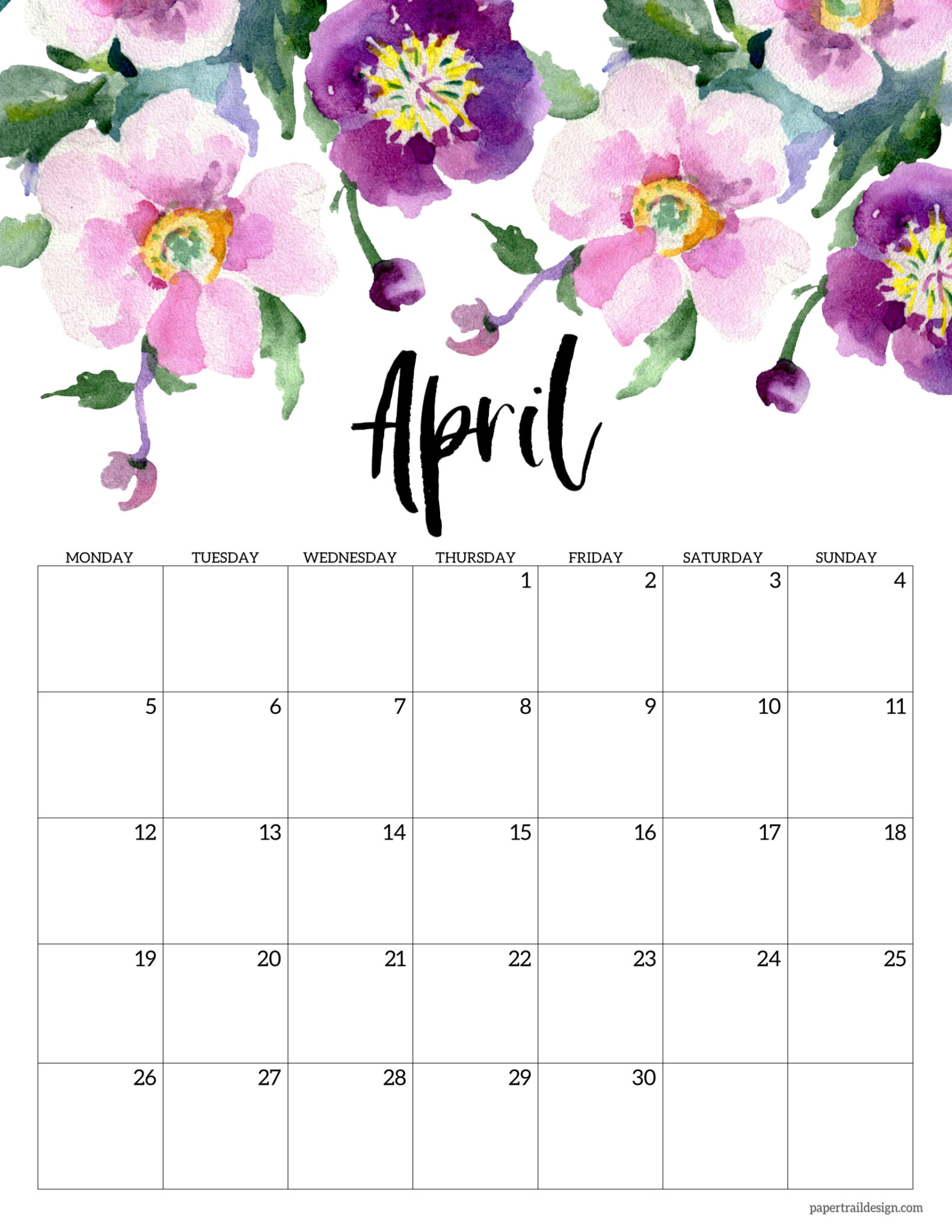 Free Printable 2021 Floral Calendar - Monday Start - Paper Trail Design