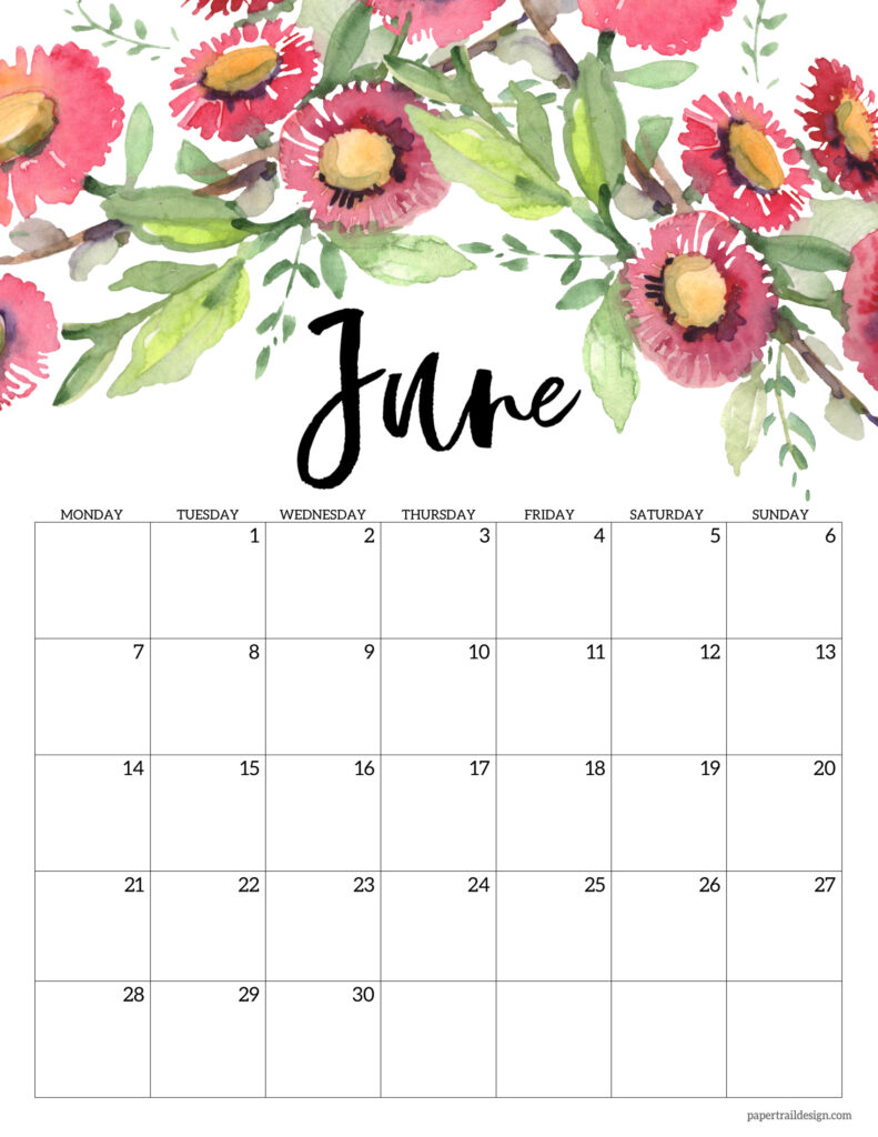 Free Printable 2021 Floral Calendar - Monday Start - Paper Trail Design