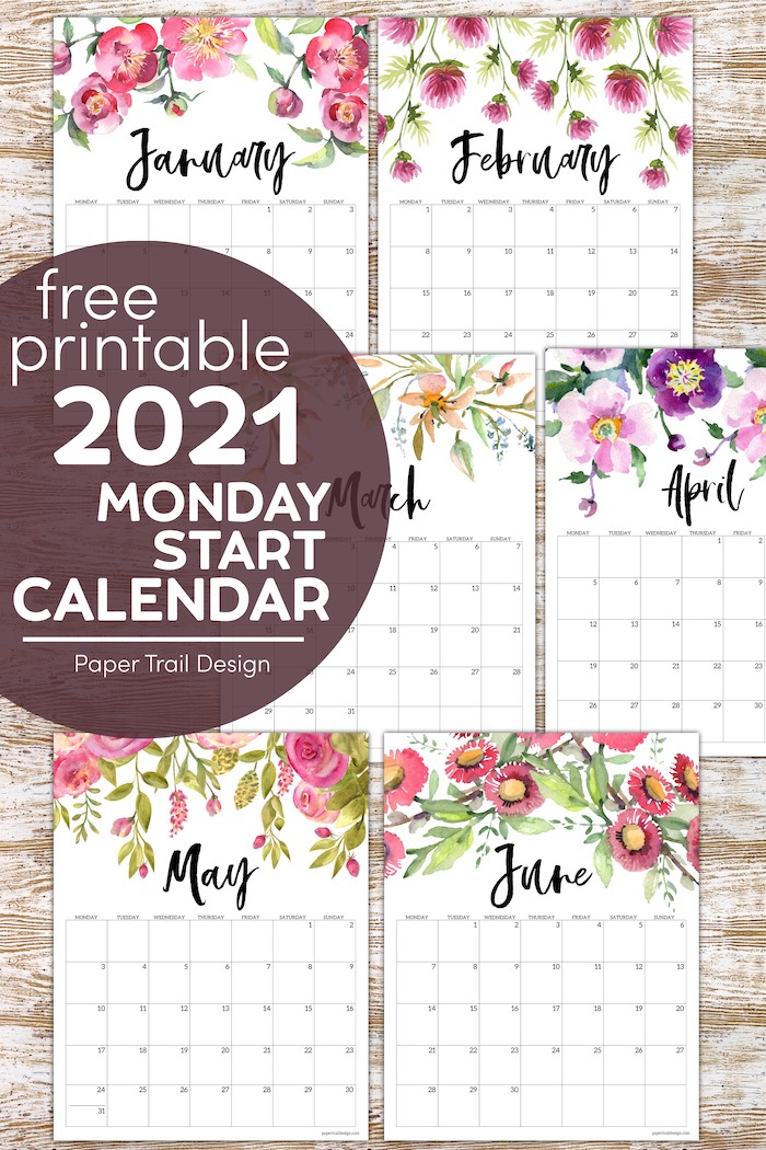 Free Printable 2021 Floral Calendar - Monday Start - Paper Trail Design