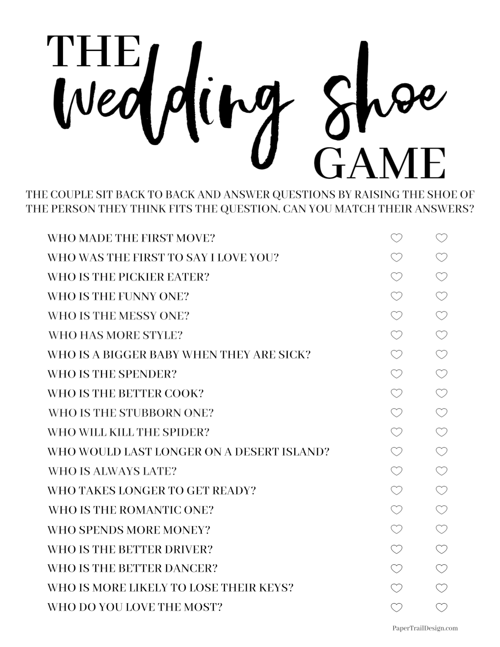 The Wedding Shoe Game Free Printable | Paper Trail Design