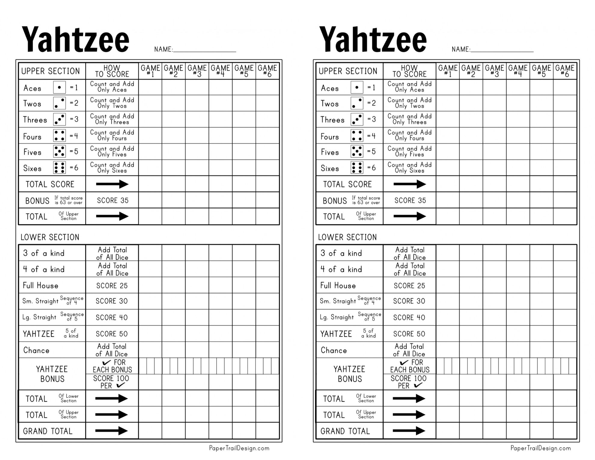 Free Printable Yahtzee Score Card Pdf