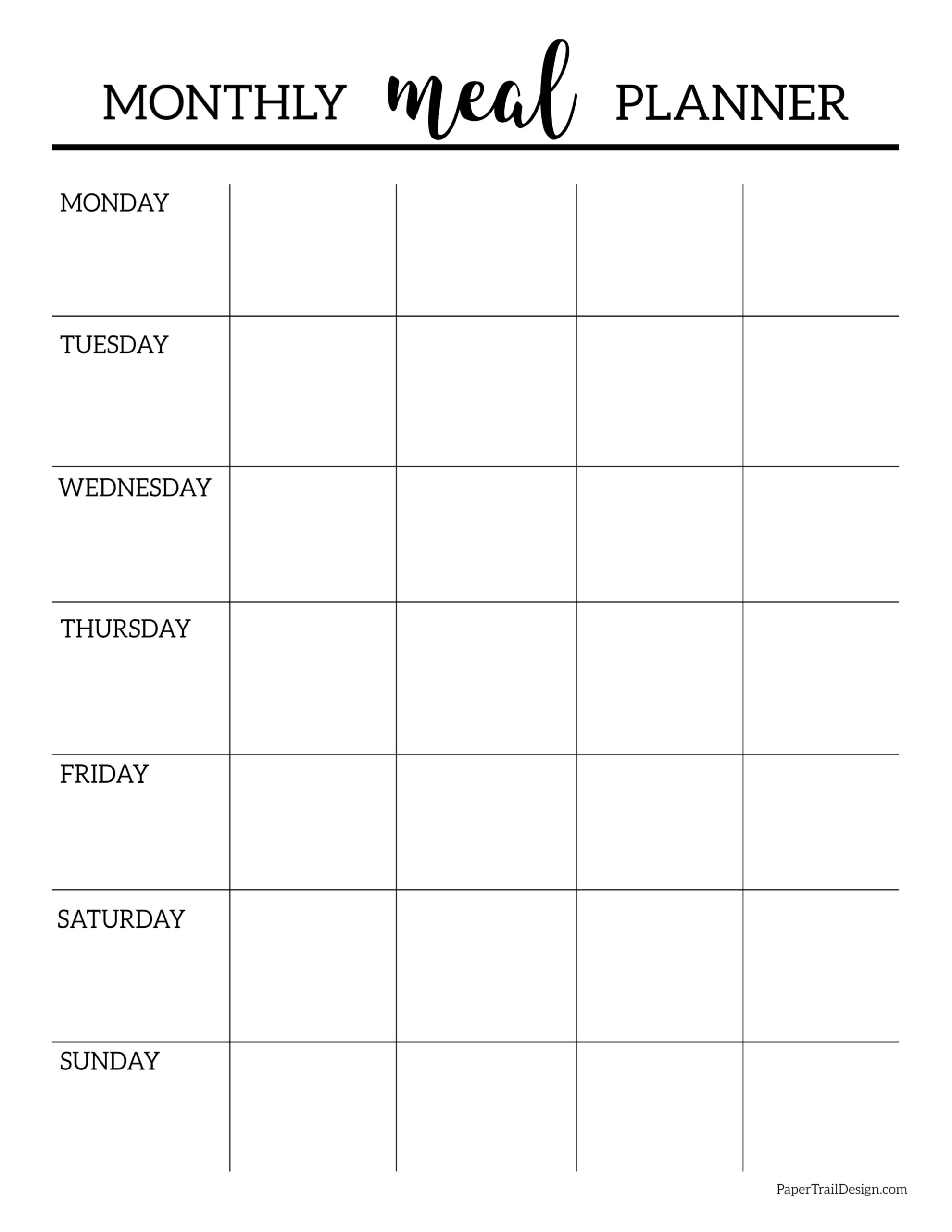 monthly meal planner printable free