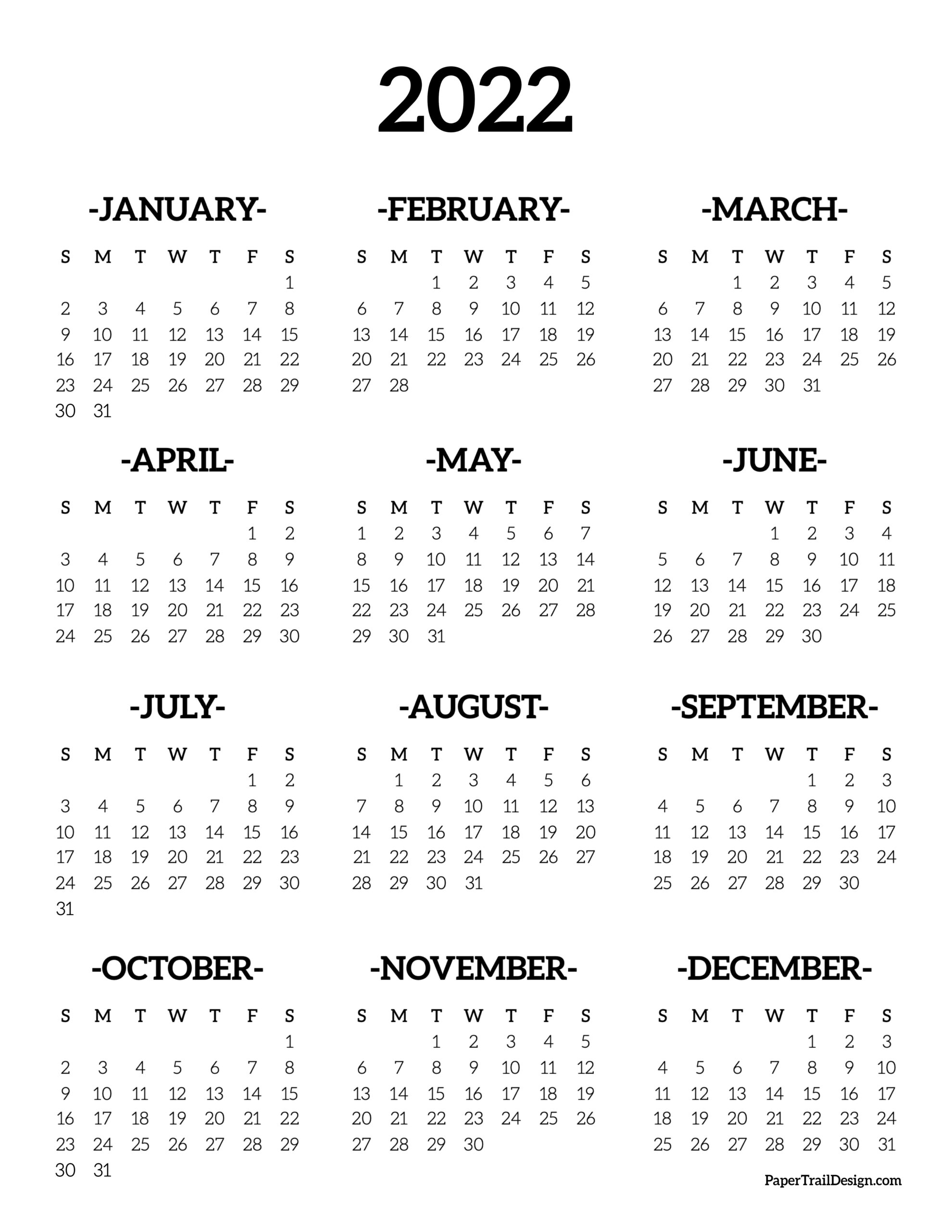 Calendar 2022 Printable One Page Paper Trail Design