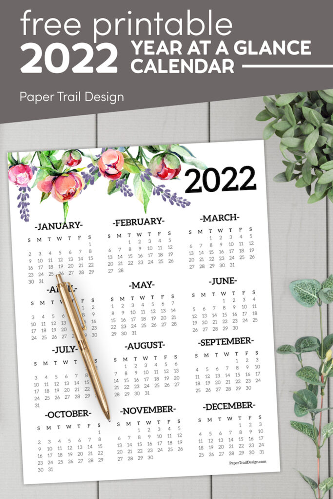 calendar 2022 printable one page paper trail design