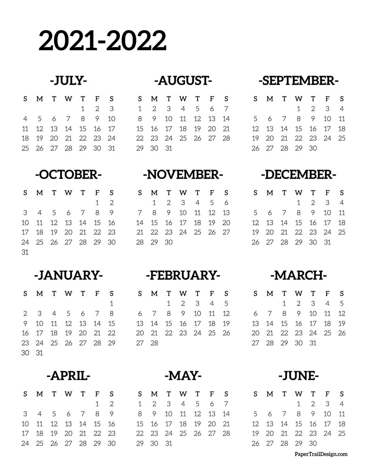20212022 School Year Calendar Free Printable Paper Trail Design