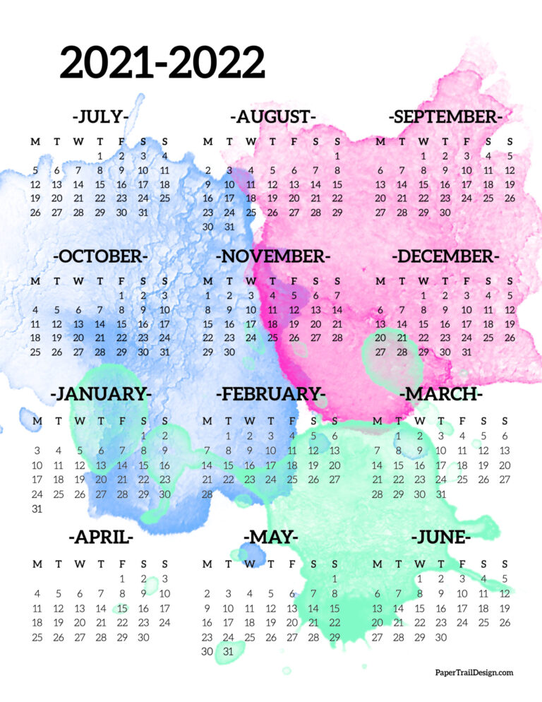 2021-2022 School Year Calendar Free Printable - Paper Trail Design