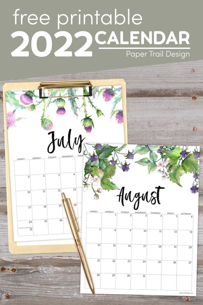 2022 free printable calendar floral paper trail design