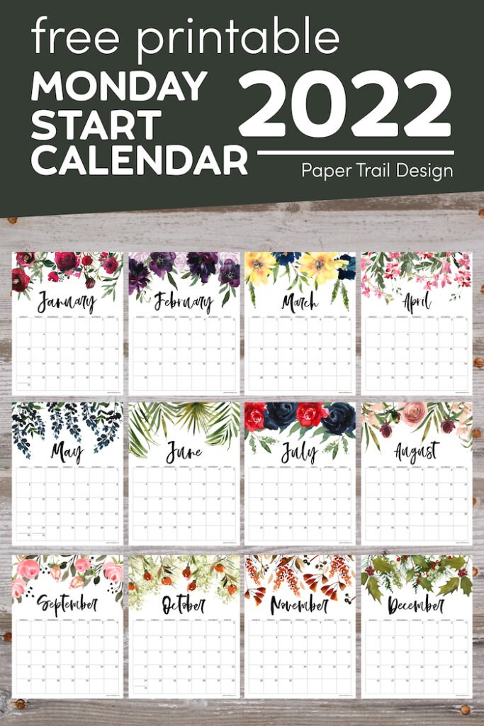 Free Printable 2022 Floral Calendar – Monday Start - Paper Trail Design