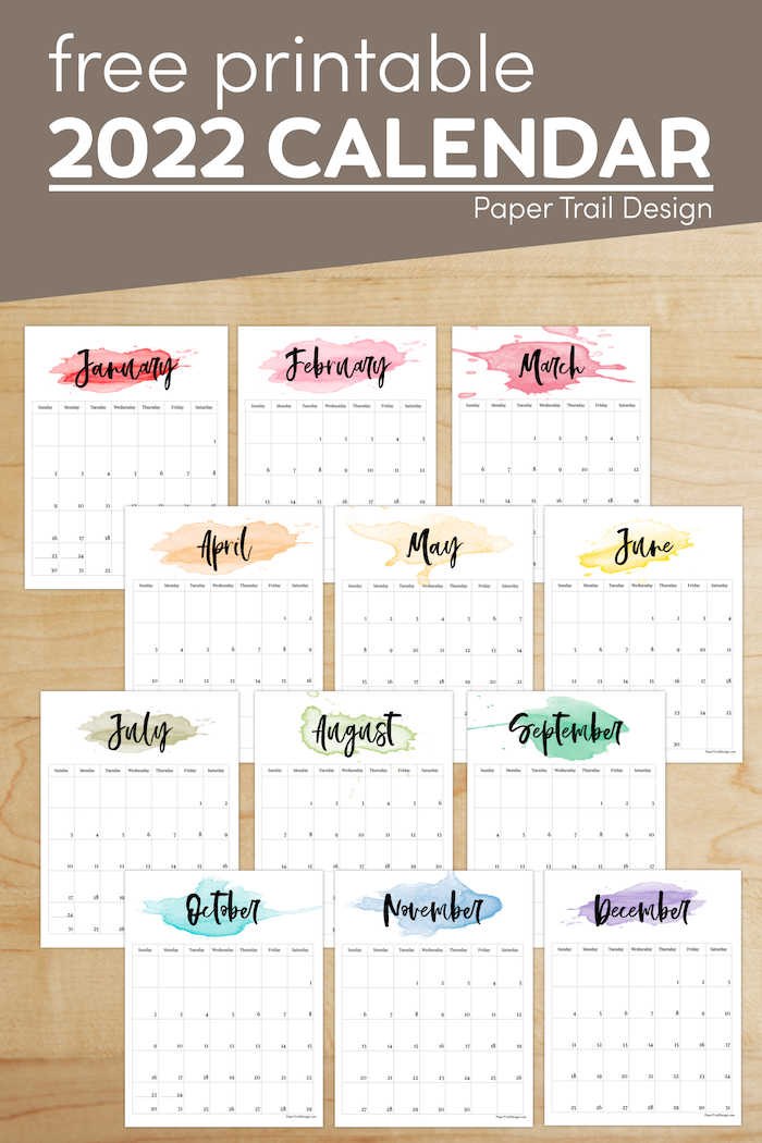 2022 Printable Calendar - Watercolor - Paper Trail Design