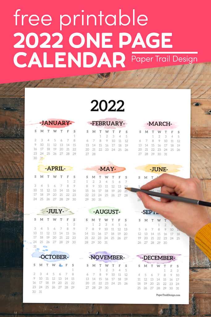 2022 One Page Calendar Printable - Watercolor - Paper Trail Design