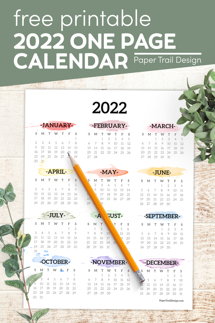 2022 One Page Calendar Printable - Watercolor - Paper Trail Design