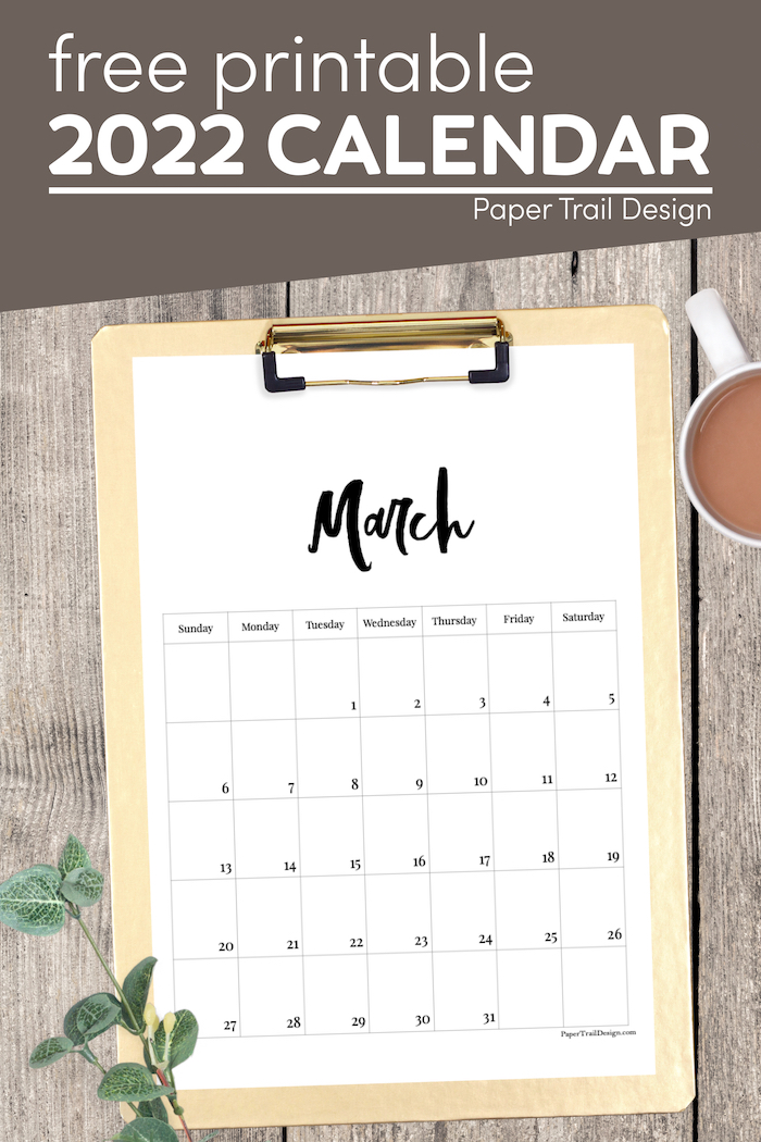 2022 free printable monthly calendar paper trail design