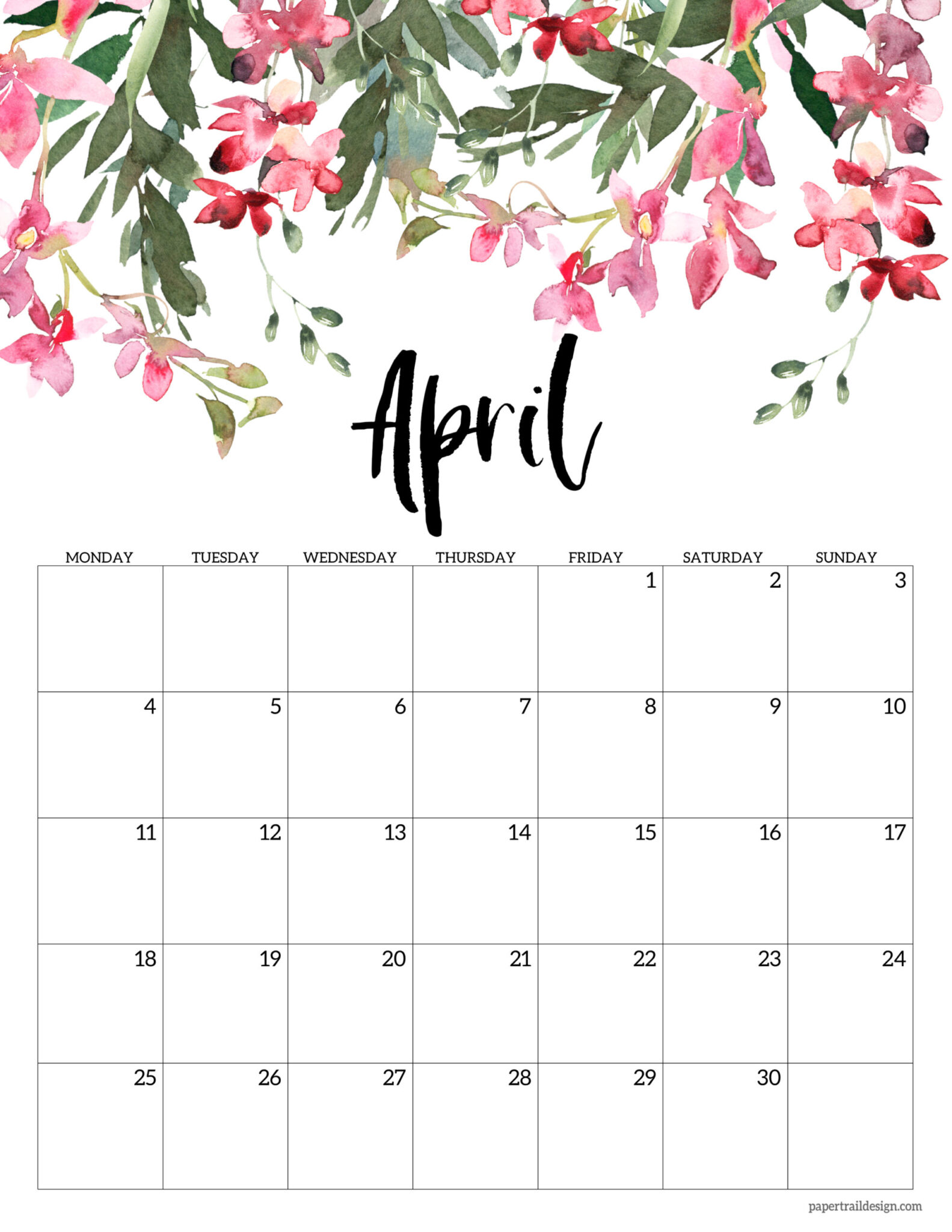 Free Printable 2022 Floral Calendar – Monday Start - Paper Trail Design