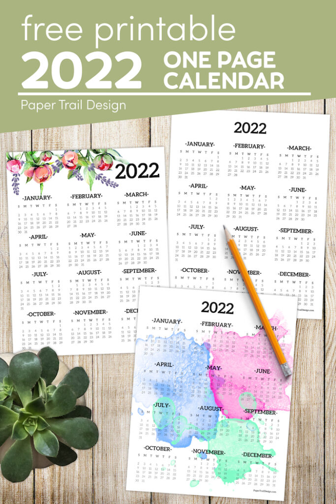 Calendar 2022 Printable One Page - Paper Trail Design