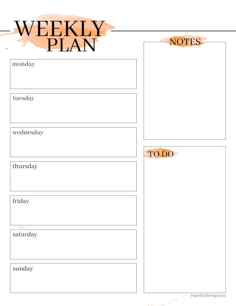 Free Printable Weekly Planner Template - Watercolor - Paper Trail Design