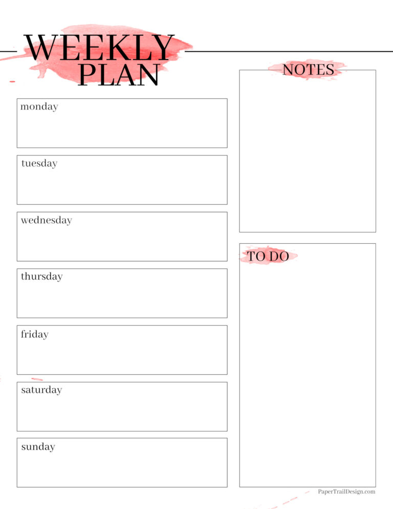 Free Printable Weekly Planner Template - Watercolor - Paper Trail Design