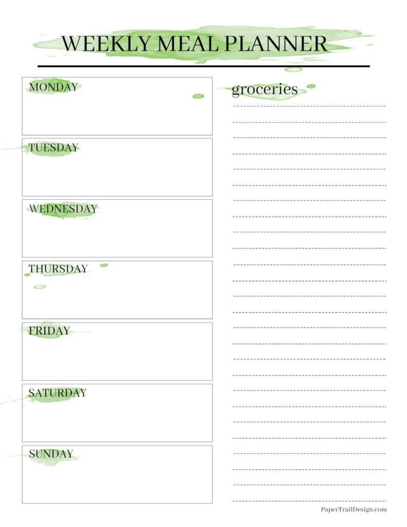 Watercolor Weekly Meal Planner with Grocery List - Paper Trail Design