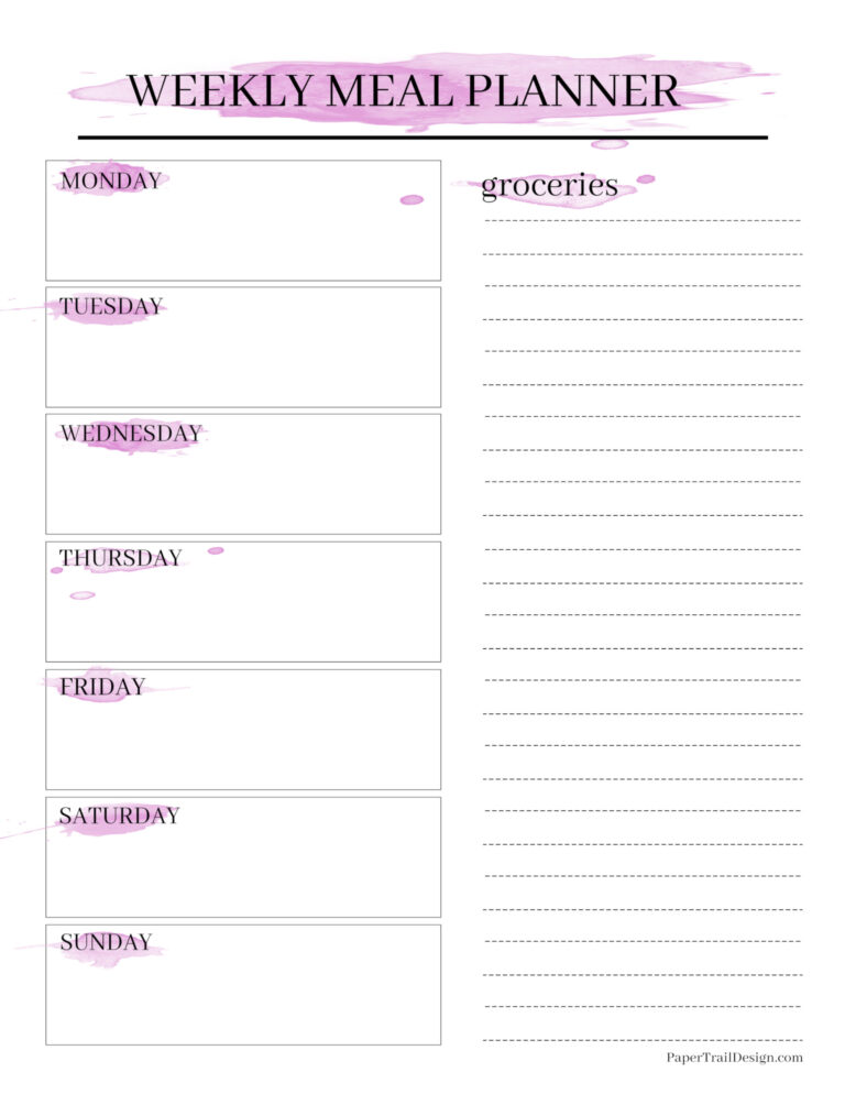 Watercolor Weekly Meal Planner with Grocery List - Paper Trail Design