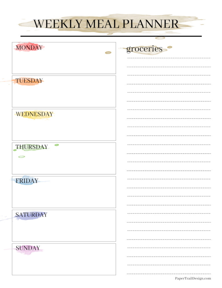 Watercolor Weekly Meal Planner with Grocery List - Paper Trail Design