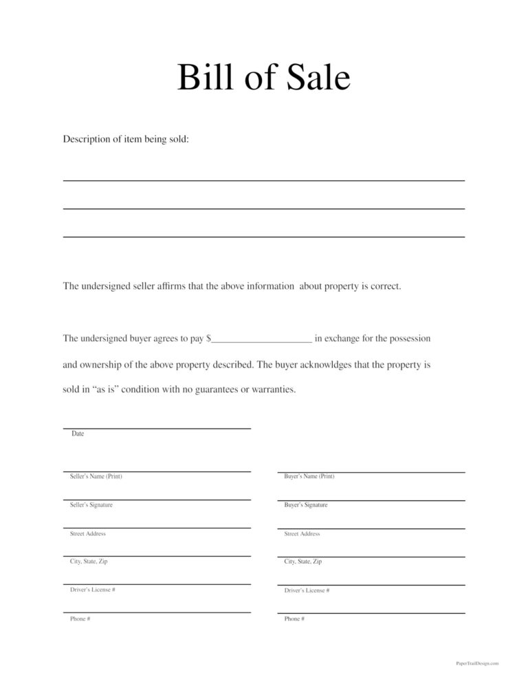 Free Printable Bill of Sale Template - Paper Trail Design