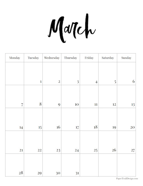 Vertical 2022 Monday Start Calendar - Paper Trail Design