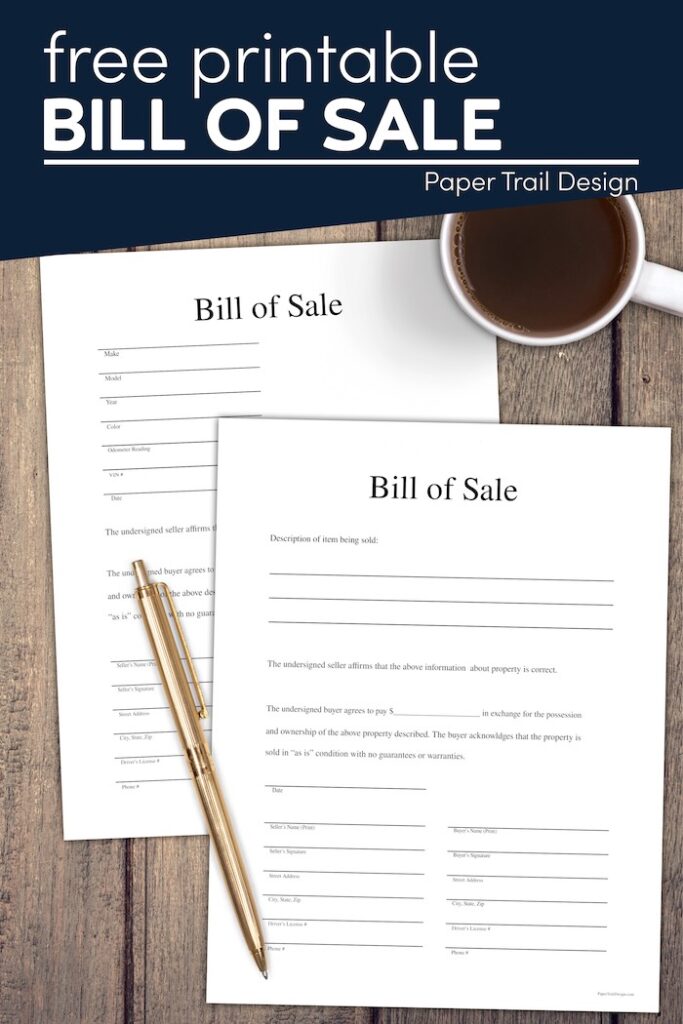 Free Printable Bill of Sale Template - Paper Trail Design